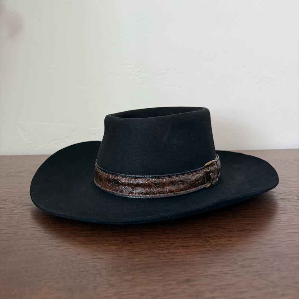Vintage Stetson Black Felt Cowboy Hat with Brown Leather Band